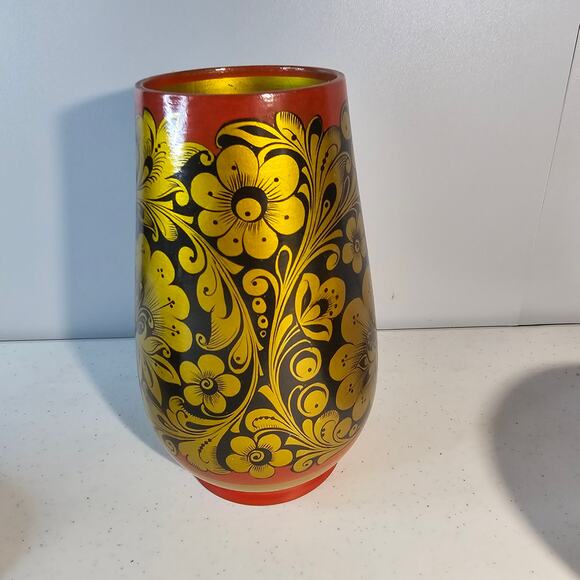 Vintage USSR Lacquer KHOKHLOMA Russian Wooden Hand painted Bowls & Vase Lot of 3 - Picture 16 of 16